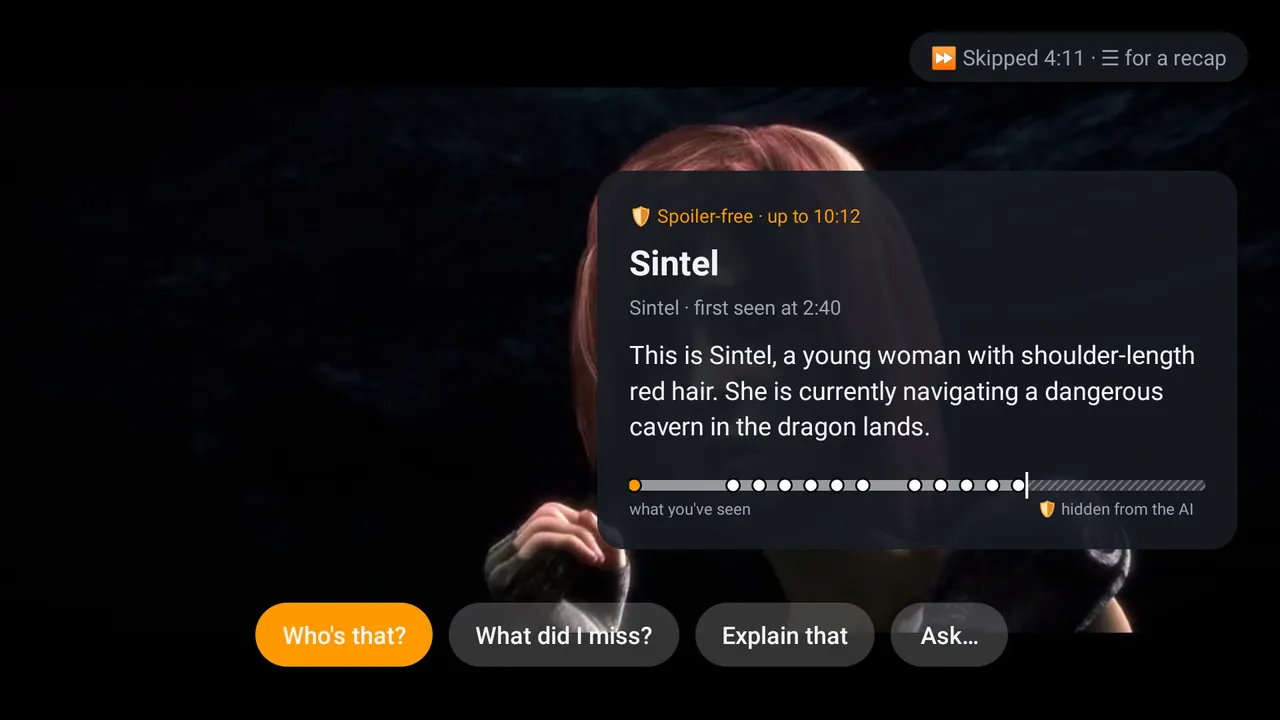 Ta sama postać później — film zdradził imię, więc asystent może już powiedzieć „Sintel”.